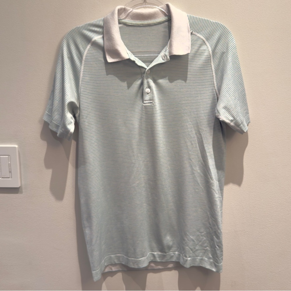 Lululemon Green & White Striped Polo Short Sleeve Size Small